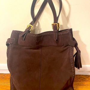 Lauren Ralph Laure. Dark Chocolate Suede 2 Tassel Shoulder Tote.